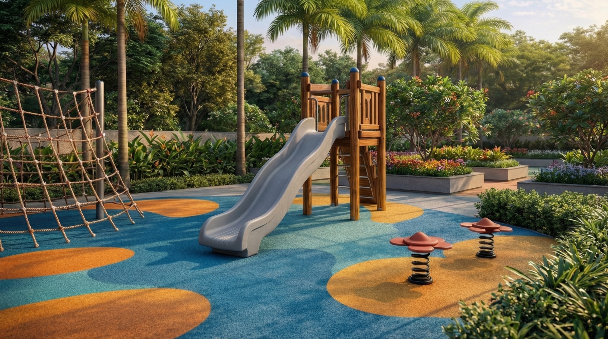Zona de juegos infantil rodeada de vegetación